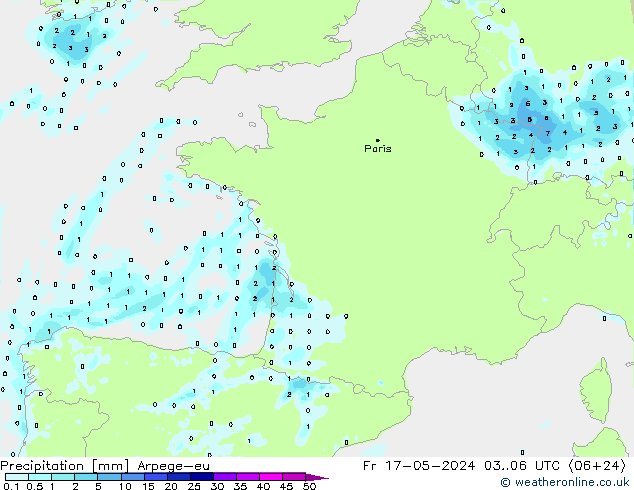 Precipitación Arpege-eu vie 17.05.2024 06 UTC