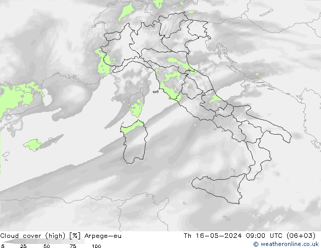 Cloud cover (high) Arpege-eu Th 16.05.2024 09 UTC