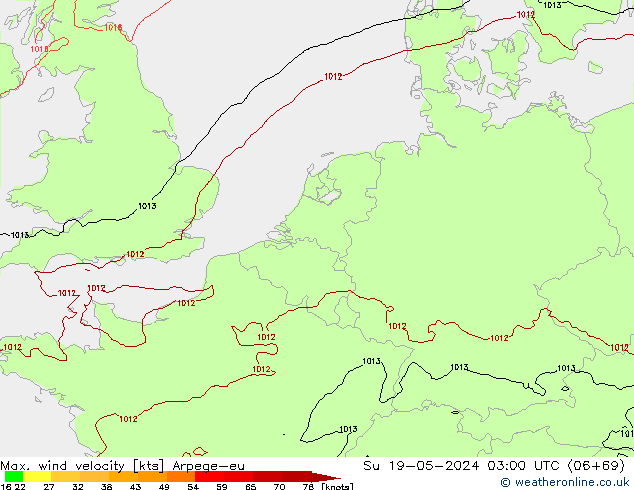 Max. wind snelheid Arpege-eu zo 19.05.2024 03 UTC