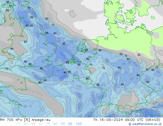 RH 700 hPa Arpege-eu 星期四 16.05.2024 09 UTC
