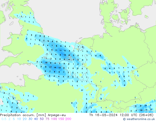 Precipitation accum. Arpege-eu 星期四 16.05.2024 12 UTC
