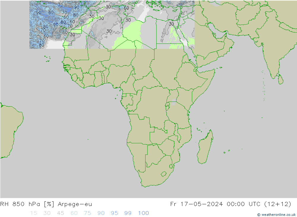 Humidité rel. 850 hPa Arpege-eu ven 17.05.2024 00 UTC
