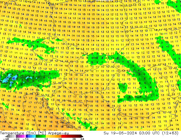 Temperaturkarte (2m) Arpege-eu So 19.05.2024 03 UTC