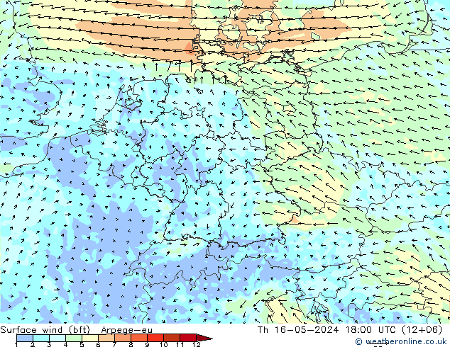 Surface wind (bft) Arpege-eu Th 16.05.2024 18 UTC