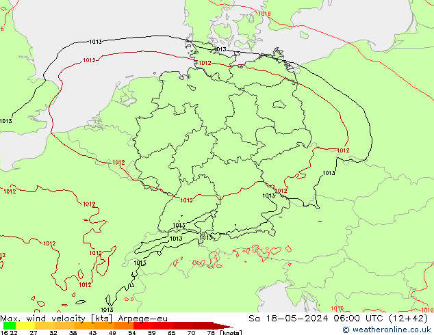 Max. wind snelheid Arpege-eu za 18.05.2024 06 UTC