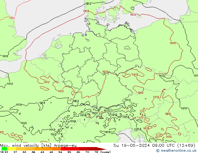 Max. wind snelheid Arpege-eu zo 19.05.2024 09 UTC