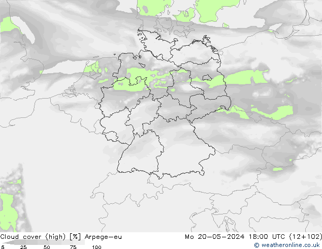 Cloud cover (high) Arpege-eu Mo 20.05.2024 18 UTC
