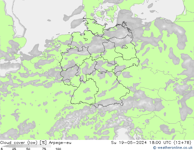 Cloud cover (low) Arpege-eu Su 19.05.2024 18 UTC