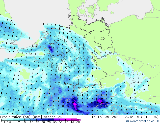 降水量 (6h) Arpege-eu 星期四 16.05.2024 18 UTC