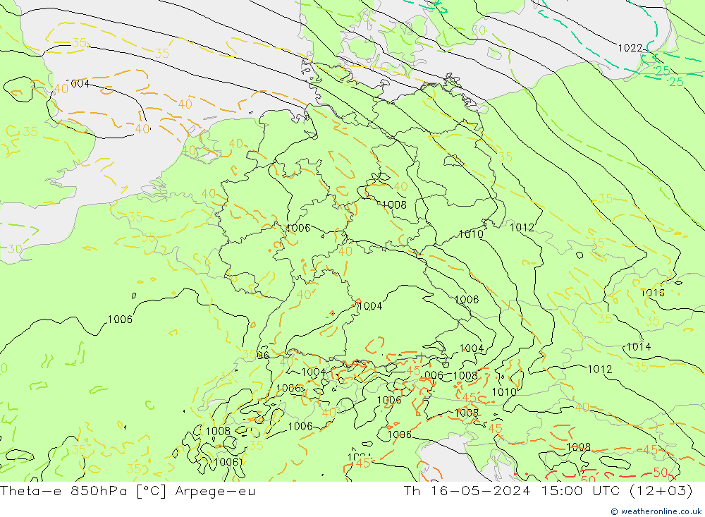 Theta-e 850hPa Arpege-eu 星期四 16.05.2024 15 UTC