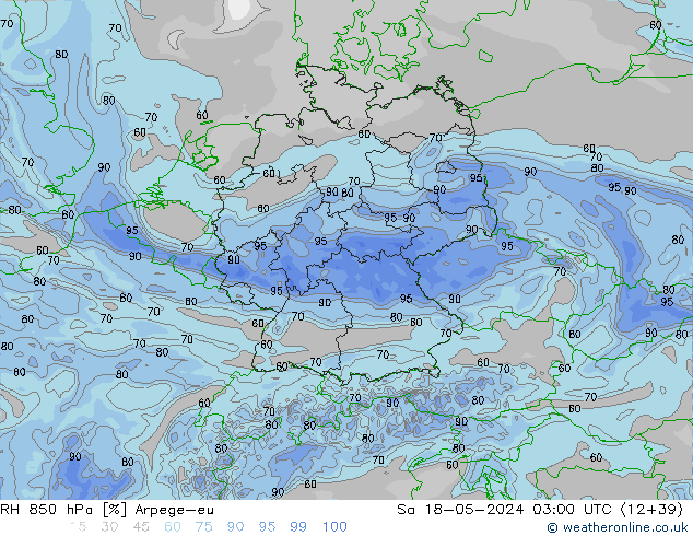 RH 850 hPa Arpege-eu sab 18.05.2024 03 UTC