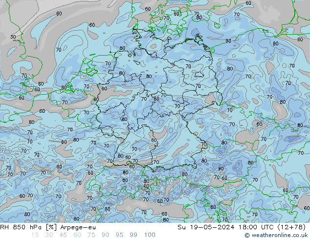 RH 850 hPa Arpege-eu Dom 19.05.2024 18 UTC