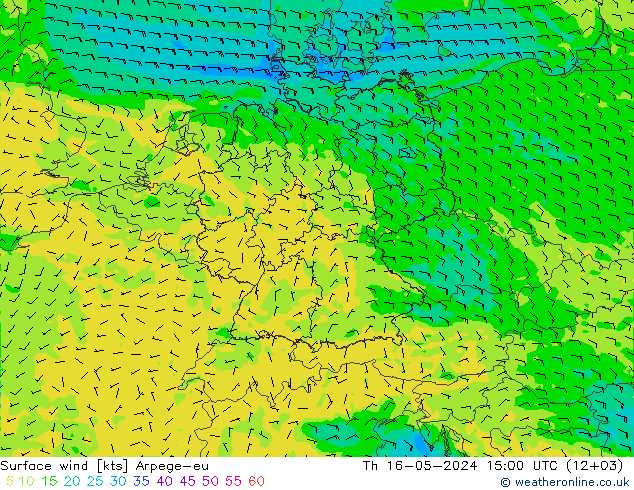 Viento 10 m Arpege-eu jue 16.05.2024 15 UTC