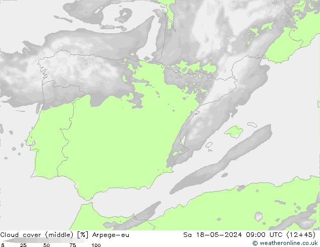 Cloud cover (middle) Arpege-eu Sa 18.05.2024 09 UTC