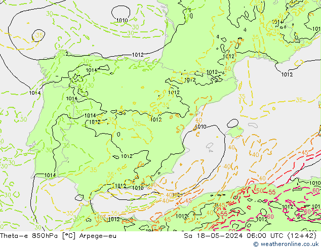 Theta-e 850hPa Arpege-eu za 18.05.2024 06 UTC
