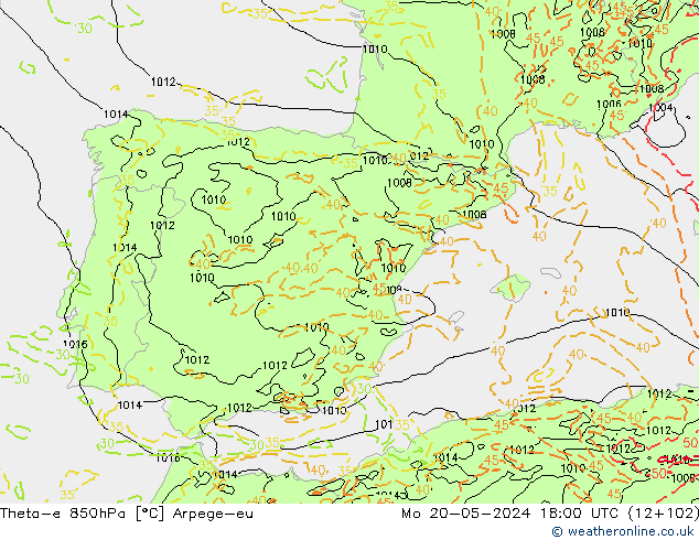 Theta-e 850hPa Arpege-eu Po 20.05.2024 18 UTC