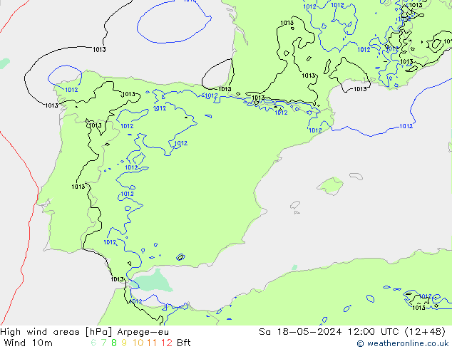 High wind areas Arpege-eu sab 18.05.2024 12 UTC