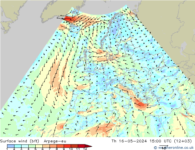 Wind 10 m (bft) Arpege-eu do 16.05.2024 15 UTC