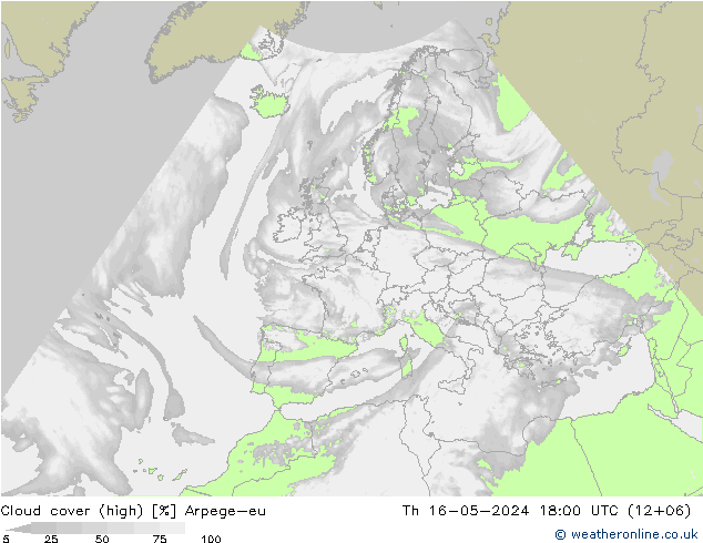 Cloud cover (high) Arpege-eu Th 16.05.2024 18 UTC