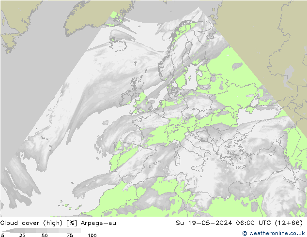 Cloud cover (high) Arpege-eu Su 19.05.2024 06 UTC