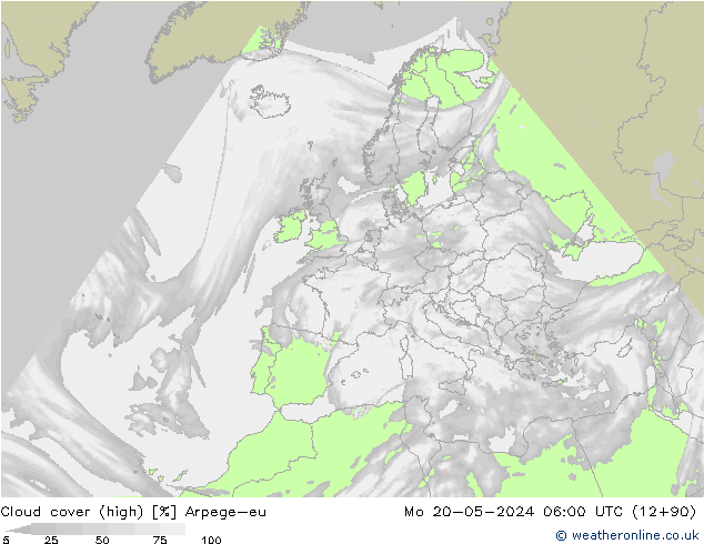 Cloud cover (high) Arpege-eu Mo 20.05.2024 06 UTC