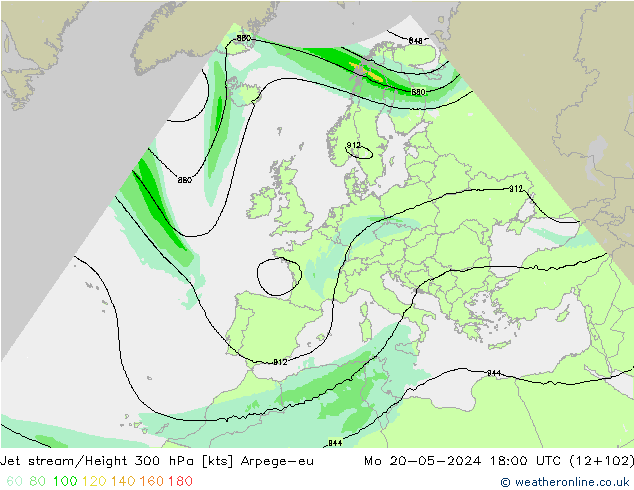 Jet stream/Height 300 hPa Arpege-eu Mo 20.05.2024 18 UTC