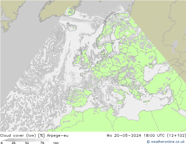 Bewolking (Laag) Arpege-eu ma 20.05.2024 18 UTC