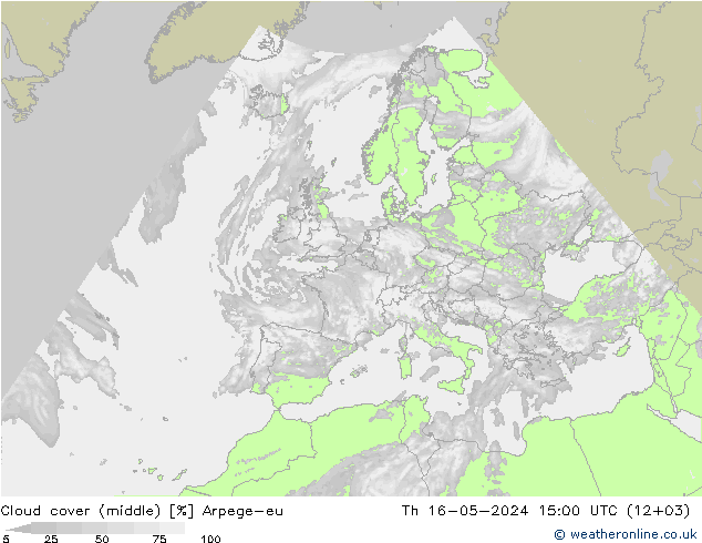 Cloud cover (middle) Arpege-eu Th 16.05.2024 15 UTC