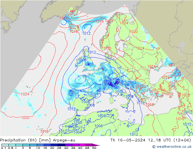 Precipitazione (6h) Arpege-eu gio 16.05.2024 18 UTC