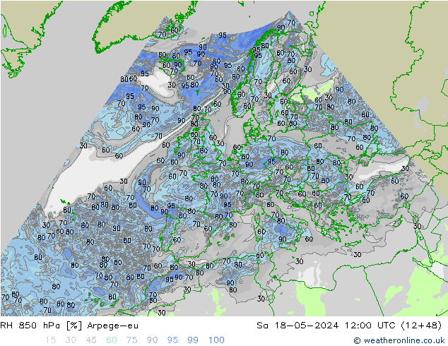 Humedad rel. 850hPa Arpege-eu sáb 18.05.2024 12 UTC