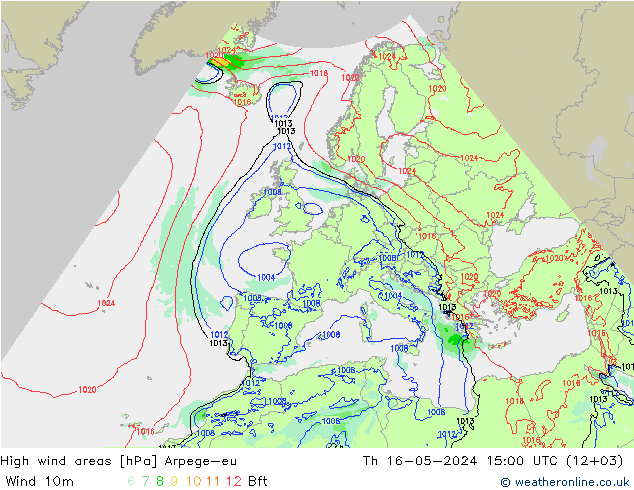 High wind areas Arpege-eu jue 16.05.2024 15 UTC