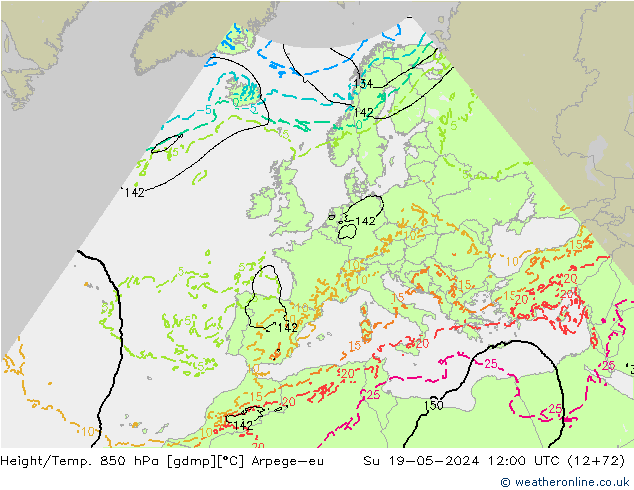 Hoogte/Temp. 850 hPa Arpege-eu zo 19.05.2024 12 UTC
