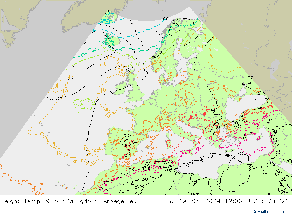 Yükseklik/Sıc. 925 hPa Arpege-eu Paz 19.05.2024 12 UTC