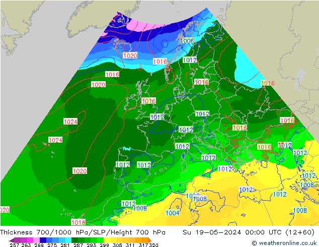 Thck 700-1000 hPa Arpege-eu  19.05.2024 00 UTC