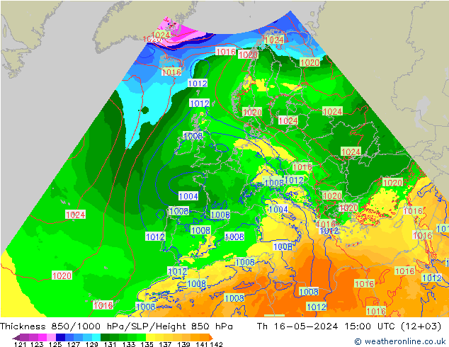 Espesor 850-1000 hPa Arpege-eu jue 16.05.2024 15 UTC