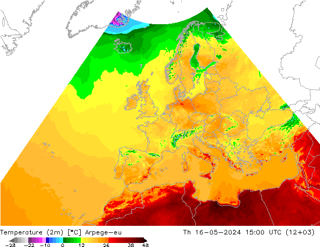 température (2m) Arpege-eu jeu 16.05.2024 15 UTC