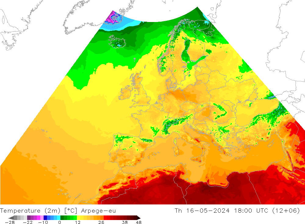 Temperatuurkaart (2m) Arpege-eu do 16.05.2024 18 UTC