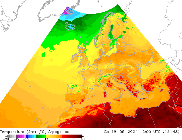 Temperaturkarte (2m) Arpege-eu Sa 18.05.2024 12 UTC