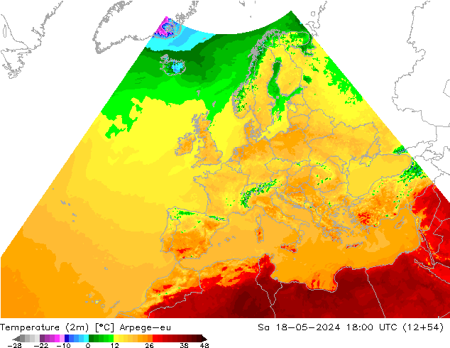 Temperaturkarte (2m) Arpege-eu Sa 18.05.2024 18 UTC