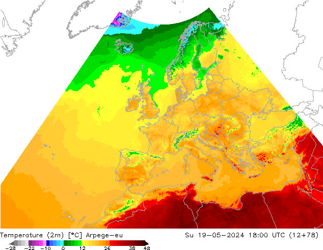 Temperatura (2m) Arpege-eu Dom 19.05.2024 18 UTC