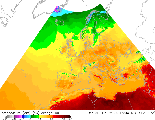 Temperature (2m) Arpege-eu Mo 20.05.2024 18 UTC