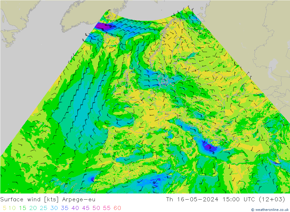 Surface wind Arpege-eu Th 16.05.2024 15 UTC