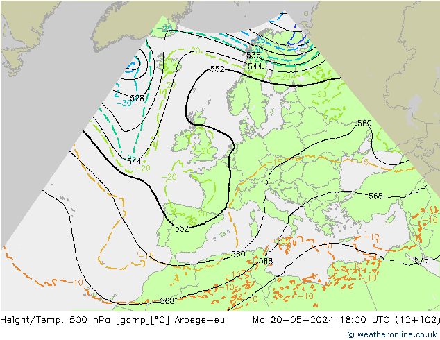 Height/Temp. 500 hPa Arpege-eu 星期一 20.05.2024 18 UTC