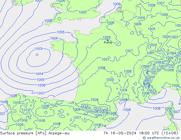 Surface pressure Arpege-eu Th 16.05.2024 18 UTC