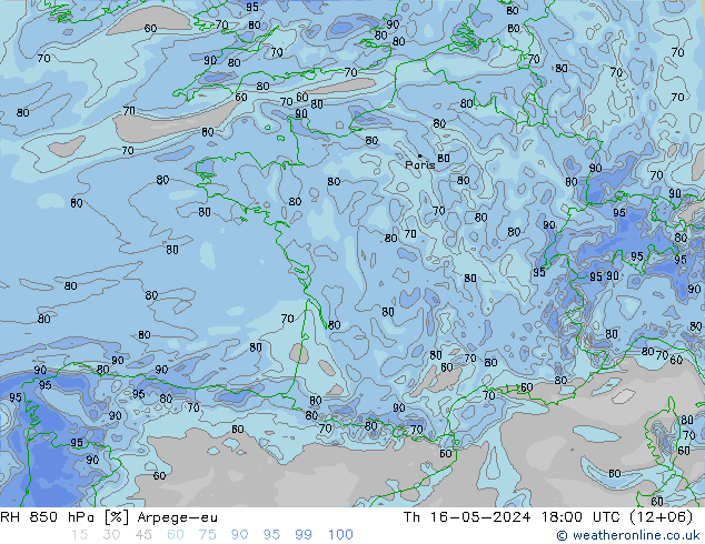 Humedad rel. 850hPa Arpege-eu jue 16.05.2024 18 UTC