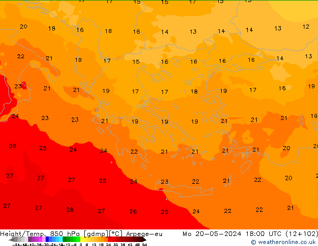 Height/Temp. 850 hPa Arpege-eu Mo 20.05.2024 18 UTC