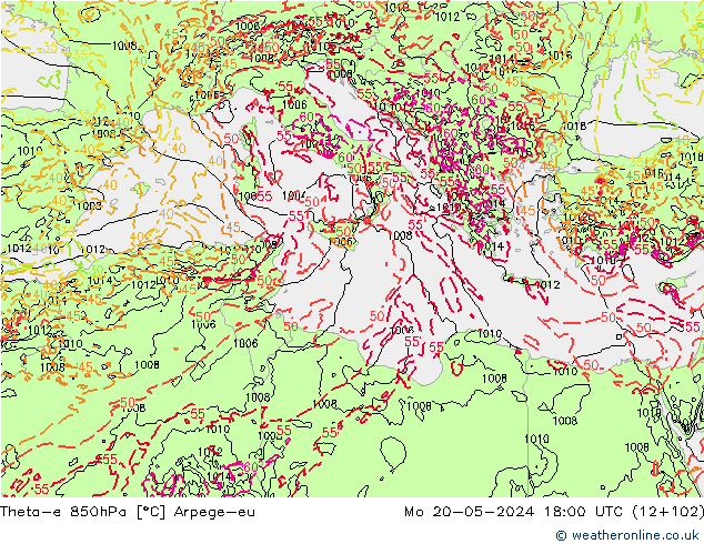 Theta-e 850гПа Arpege-eu пн 20.05.2024 18 UTC