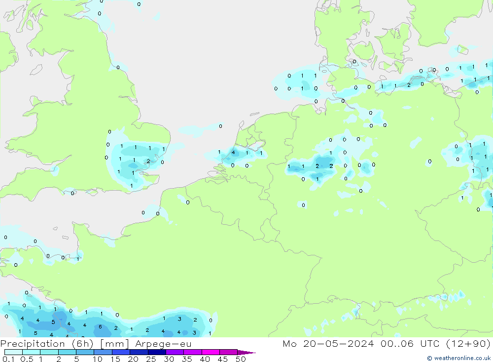 Precipitation (6h) Arpege-eu Mo 20.05.2024 06 UTC