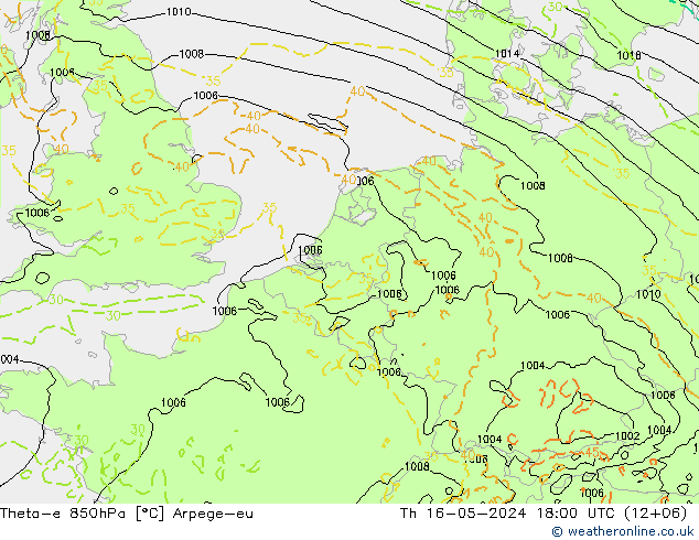 Theta-e 850hPa Arpege-eu 星期四 16.05.2024 18 UTC