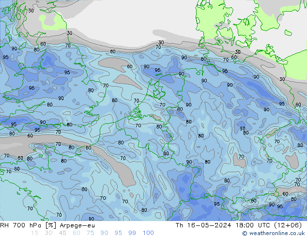 RH 700 hPa Arpege-eu 星期四 16.05.2024 18 UTC